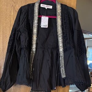 Free People Black Jacket with antiqued Beaded Trim
